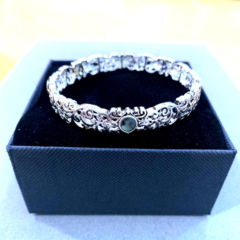 Brighton*Style Inspired Handmade Sterling Silver Plated Four Turquoise Stones Abalone Filigree Cutout Metal Stretch Bracelet 75CL4 LW Abalone