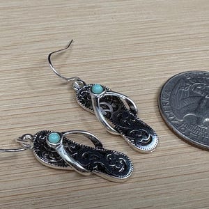 Turquoise***Crystal Filigree Flip Flop Earring Sterling Silver Plated Handmade Beach Sandal Sand Summer Brighton Antique Silver 30SM0 BT image 5