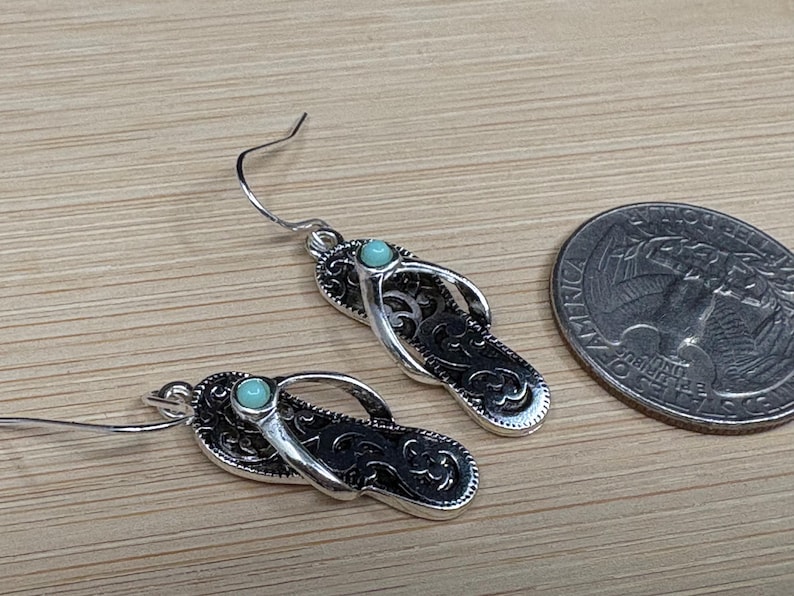 Turquoise***Crystal Filigree Flip Flop Earring Sterling Silver Plated Handmade Beach Sandal Sand Summer Brighton Antique Silver 30SM0 BT image 5