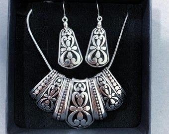 Wytrawiony***Antyczny srebrny naszyjnik i kolczyki – wzór kwiatowy 44YN4 BT