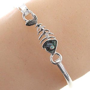 Bangle*Fish Bone Bangle Fish Skeleton Jewelry Gift for Her Sterling Silver Plated Handmade Abalone Glitter Crystal Casting Bangle 71iL2 LW