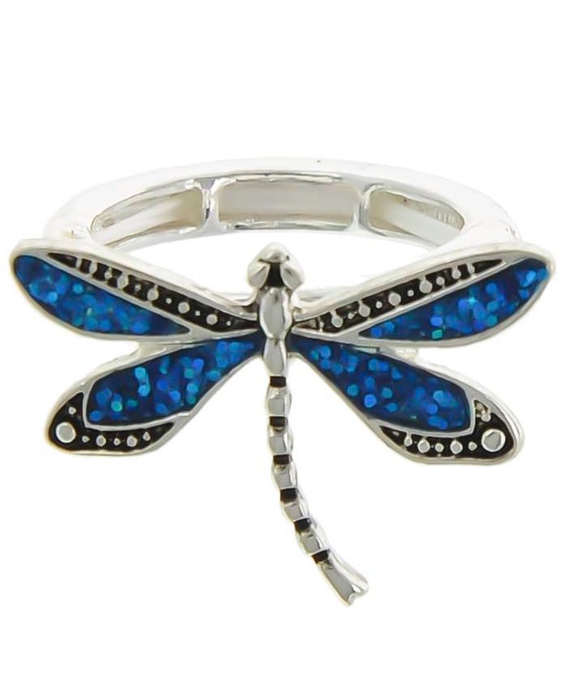 May include: A silver ring with a blue dragonfly design. The dragonfly's wings are detailed with black accents and have a sparkly finish.