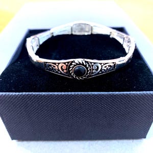 Art*Nouveau Brighton Style Handmade Sterling Silver Plated Turquoise Abalone Onyx Stone Filigree Roped Metal Stretch Bracelet 74iL3 LW Onyx Stone