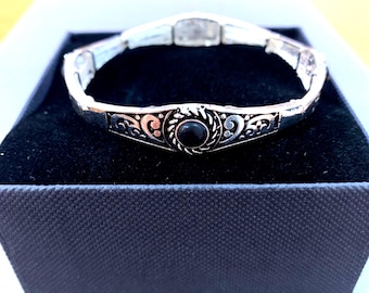 Art*Nouveau Brighton Style Handmade Sterling Silver Plated Onyx Stone Turquoise Abalone Filigree Roped Metal Stretch Bracelet 74iL3 LW