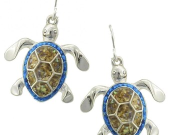 Pendientes colgantes de concha de abulón natural y purpurina azul, de metal, estilo océano, hechos a mano, para mujer, 85YN9