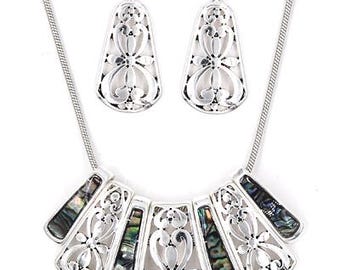 Naszyjnik z abalonem i kolczykami w stylu Brighton, grawerowany, wielobarwnie zdobiony, dla kobiet, platerowany srebrem próby 925, ręcznie robiona biżuteria, muszla 44YN9 LW