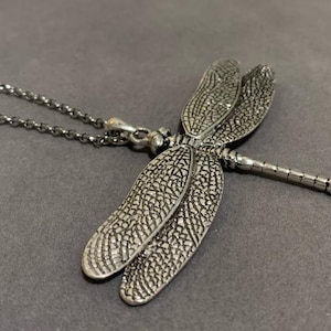 May include: A silver dragonfly pendant necklace with a detailed, textured design. The dragonfly has a long, segmented body and delicate wings.