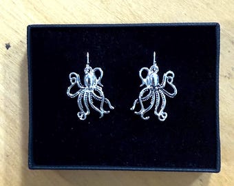 Gift***Inspired Octopus Earrings Minimalist Ocean Lover Earrings for Her Sterling Silver Plated, Handmade 85SM3 BT T