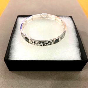 Antique*Silver Filigree Abalone Shell Jewelry Sterling Silver Plated Metal Stretch Bracelet 7G8ii LW