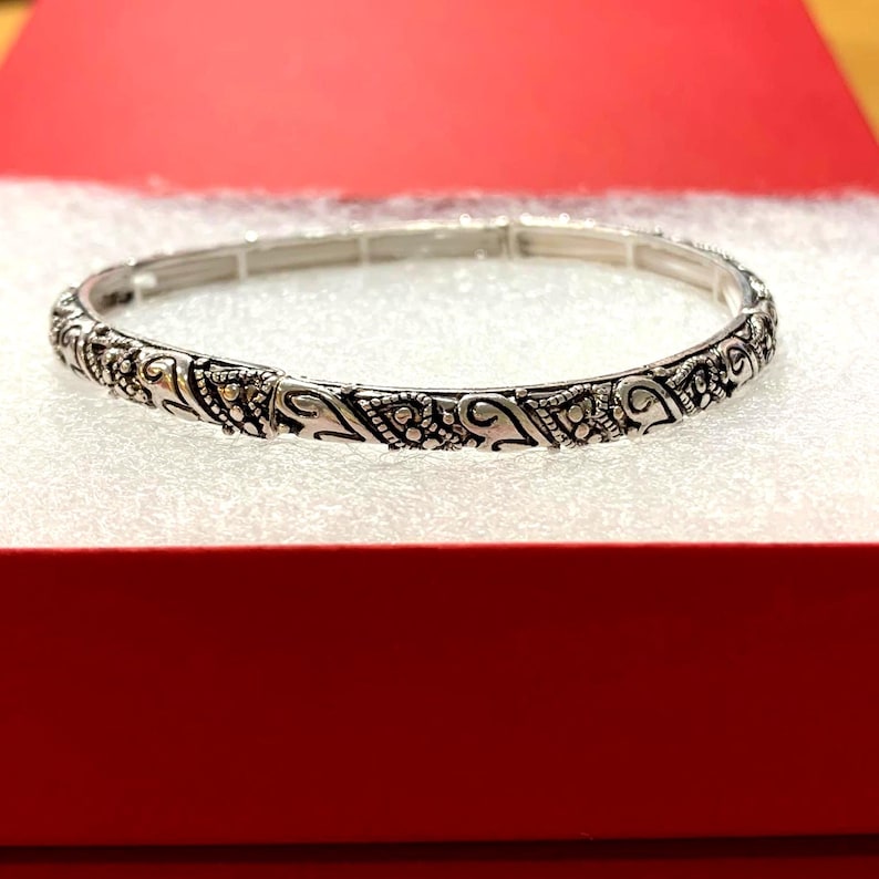 Brighton*Style Inspire Studded Ball Heart Stackable Bracelet Stretch Bracelet Handmade, Sterling Silver Plated 75YN8 LW image 1