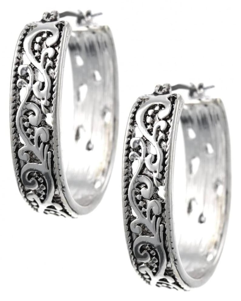 May include: A pair of silver-toned hoop earrings. Each earring features an intricate, openwork filigree design along the outer edge. The hoops have a slightly flattened, oval shape and a secure clasp closure. The earrings are designed for pierced ears.