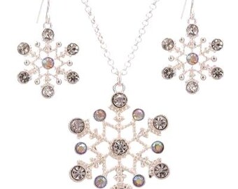 Crystal AB Rhinestone Snowflake Necklace & Earrings Set, Christmas Jewelry  7H7iL NT