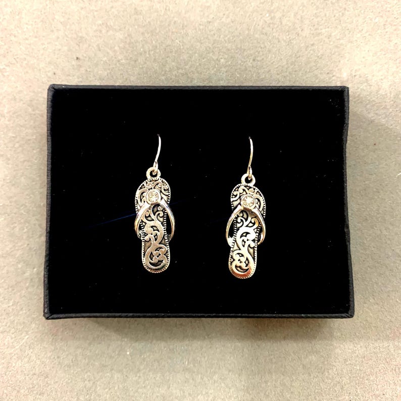 Turquoise***Crystal Filigree Flip Flop Earring Sterling Silver Plated Handmade Beach Sandal Sand Summer Brighton Antique Silver 30SM0 BT Crystal