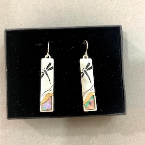 Worn*Silver Abalone Dragonfly Jewelry Tri-Tone Handmade For Women Gifts Sterling Silver Plated Rectangle Dragon Fly Earrings 87PL8 LW