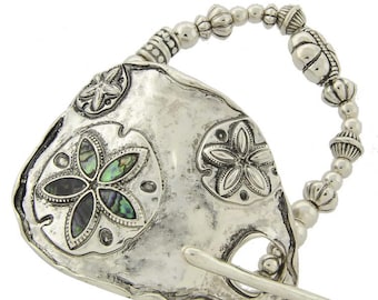 Abalone Natural Shell Sand Dollar Stretch Toggle Bracelet Fashion Jewelry Gift for Her Sterling Silver Plated Sea Life Fashion Jewelry 71GU2