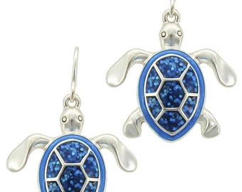 Pendientes colgantes de concha de abulón natural y purpurina azul, de metal, estilo océano, hechos a mano, para mujer, 85YN9