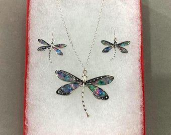 Abalone***Dragonfly Patina Jewelry Handmade For Women Gifts Sterling Silver Plated Necklace Earrings Nature Lover Garden Lover 45SA4 BT