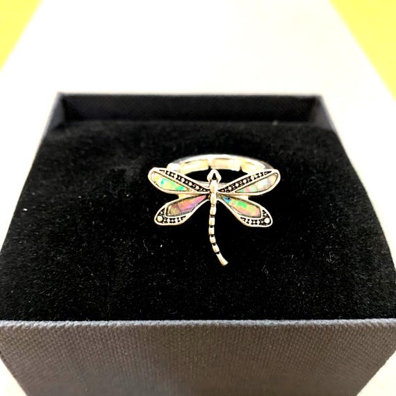 Dragonfly***Metal Stretch Ring Dragonfly Jewelry Abalone Glitter Sterling Silver Plated 90SM5 BT