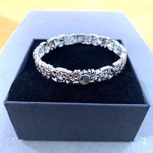 Brighton*Style Inspired Handmade Sterling Silver Plated Four Turquoise Stones Abalone Filigree Cutout Metal Stretch Bracelet 75CL4 LW image 8