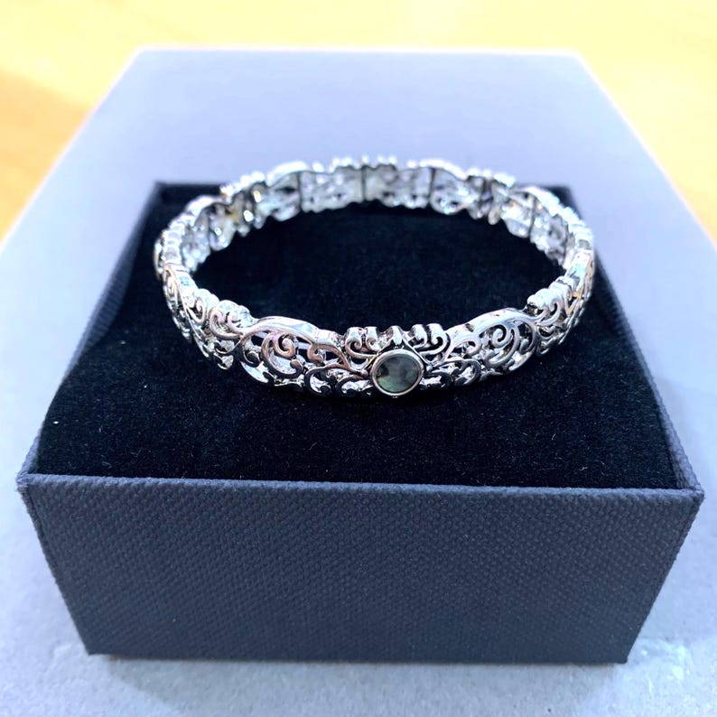 Brighton*Style Inspired Handmade Sterling Silver Plated Four Turquoise Stones Abalone Filigree Cutout Metal Stretch Bracelet 75CL4 LW image 8