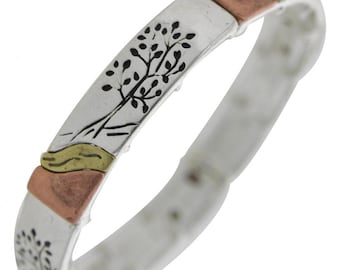 Art Nouveau Silver Tree of Life 3-Tone Folk Art Elongated Square Metal Accented Copper Fashion Stretch Bracelet 7F7SA