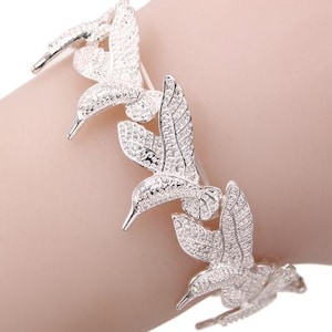 All Silver Hummingbird Metal Stretch Bracelet Hummingbird jewelry Bird Bracelet Gifts for Her Sterling Silver Plated 7G7YK
