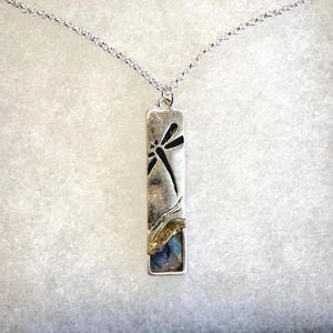 Abalone**Dragonfly Jewelry 3-Tone Long Rectangle Handmade Jewelry For Women Gifts Metal Necklace Pendant Shell Insect Bug 47YK0 GD