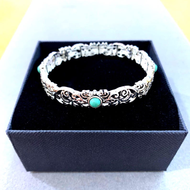 Brighton*Style Inspired Handmade Sterling Silver Plated Four Turquoise Stones Abalone Filigree Cutout Metal Stretch Bracelet 75CL4 LW image 4