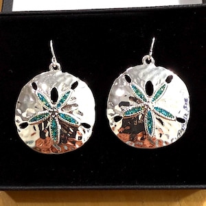 Turquoise***Glitter Sand Dollar Earrings, Beach Jewelry Sterling silver Plated 80iL2 BT T