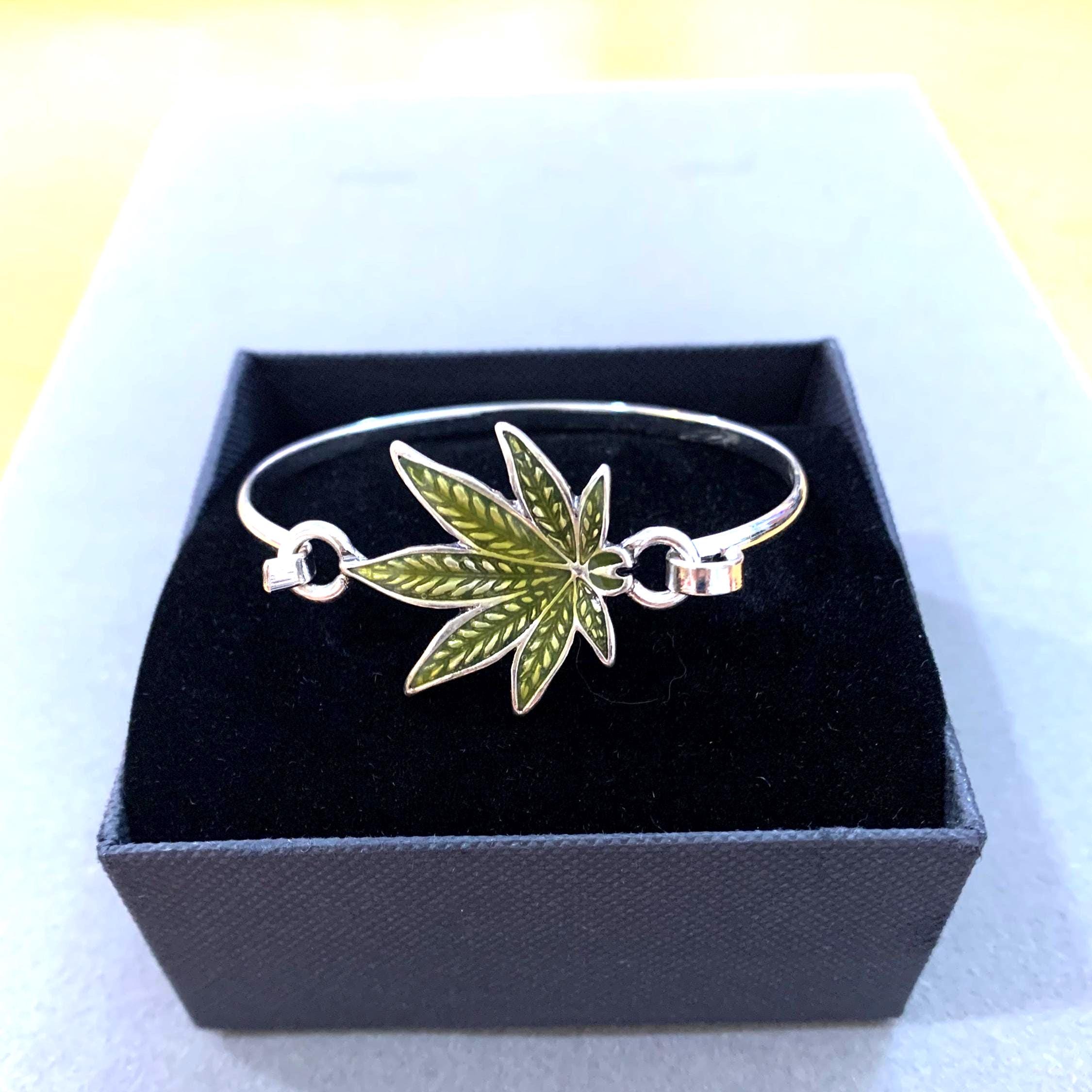 Leaf**marijuana Leaf Bangle Bracelet, Green Epoxy Silver Plated