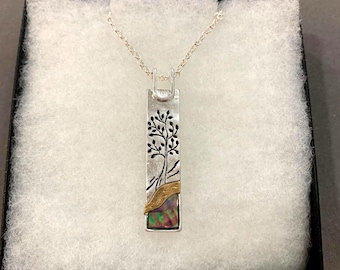 Worn***Silver_Abalone Tri-Tone Tree of Life Necklace Handmade Gifts Art Nouveau Folk Art Elongated Metal Accented Copper Silver 45YK6 BT T