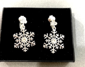 Christmas***Snowflake Clip-on Earrings Jewelry Crystal Rhinestones, Handmade, For Women, Gifts, Sterling silver Plated Snow 87iL0 BT T