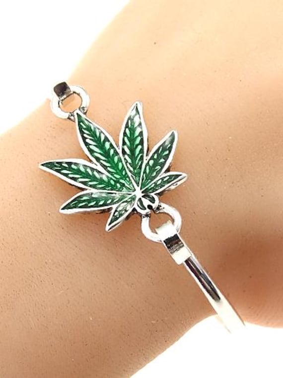 Leaf**marijuana Leaf Bangle Bracelet, Green Epoxy Silver Plated