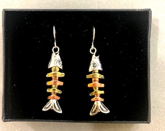 Movable***Fish Bone Earring Fish Bone Jewelry Fish Earrings Fish Skeleton Jewelry Gift for Her Fishbone Charm Dangle 87SM5 BT T