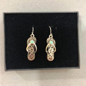 Turquoise***Crystal Filigree Flip Flop Earring Sterling Silver Plated Handmade Beach Sandal Sand Summer Brighton Antique Silver 30SM0 BT image 8
