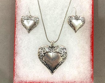 Filigree***Heart Necklace Earring Set Spoon Jewelry Silverware Jewelry Victorian Style Heart Vintage Heart Sterling Silver Plated 46YK1 GD