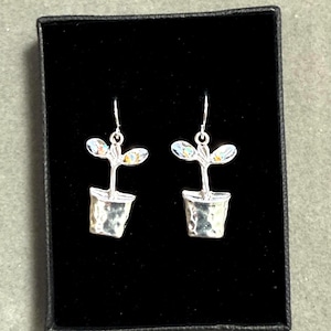 May include: A pair of silver-toned earrings featuring a plant-in-pot design. Each earring has a small, textured pot with a stem and two iridescent leaves. The earrings are displayed in a black box.