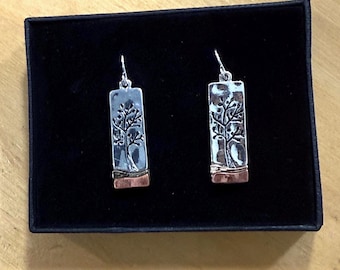 Silver***Tree of Life Rectangle Tree of Life Earrings Folk Art Elongated Tri-Tone Handmade Jewelry Gift for Her Nature Inspired 87ii8 BT T