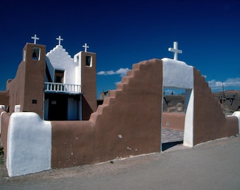 Taos Mission Print, New Mexico Adobe Church, Spanish Colonial Architecture (Digital Download)