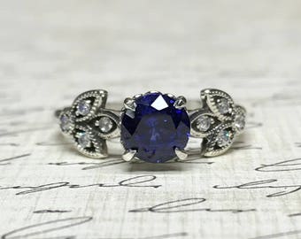 Jasmina Ring - Vintage Inspired Sterling silver ring with Blue Sapphire and CZ engagement ring