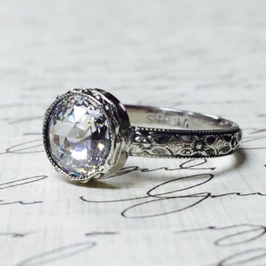 Sybella Ring - Vintage Inspired Sterling Silver Ring with double Rose Cut CZ and Floral Pattern Band Engagement