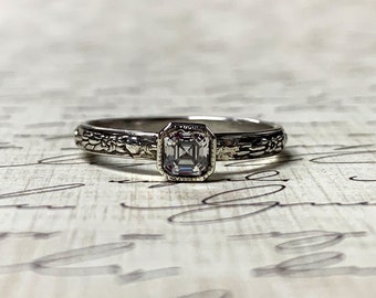 Promise Ring - Sterling Silver Floral Pattern Ring with  Asscher cut CZ