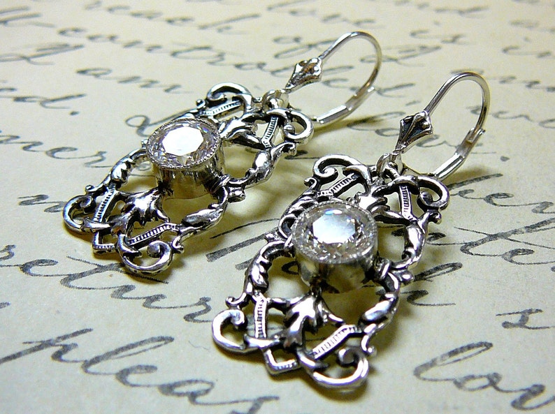 Sterling silver Filigree Earrings with Milgrain Bezel and CZ image 2