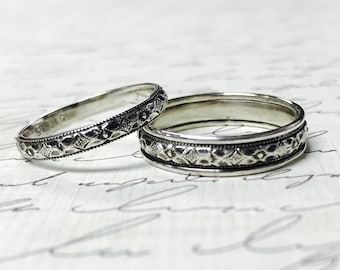 Vintage Inspired Sterling Silver Floral Wedding Bands - Matching pair "Milgrain Flower" matches Georgiana Ring