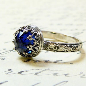 Roxy Ring - Beautiful Gothic Vintage Inspired Sterling Silver Floral Band Ring with Rose cut Blue Sapphire and Heart Bezel