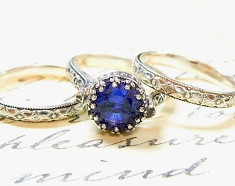 Selene Ring Trio - Vintage Engagement Sterling Silver Trio with a Beautiful 8 mm Blue Sapphire