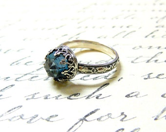 Roxy Ring - Beautiful Gothic Vintage Sterling Silver Ring with Rose cut London Blue Topaz and Heart Bezel