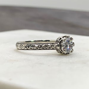 Georgiana Ring Vintage Engagement Sterling Silver CZ Floral Band Ring with Tiara Crown like bezel Wedding image 3