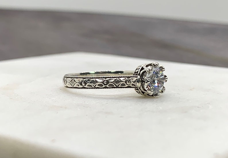 Georgiana Ring Vintage Engagement Sterling Silver CZ Floral Band Ring with Tiara Crown like bezel Wedding image 3