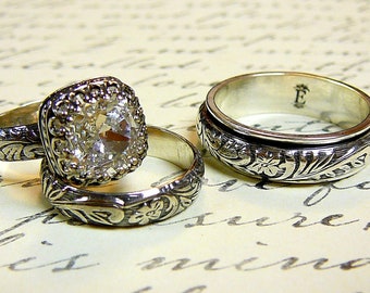 Anastasia Ring Set - Vintage Sterling Silver  Crystal Husband & Wife Wedding Set